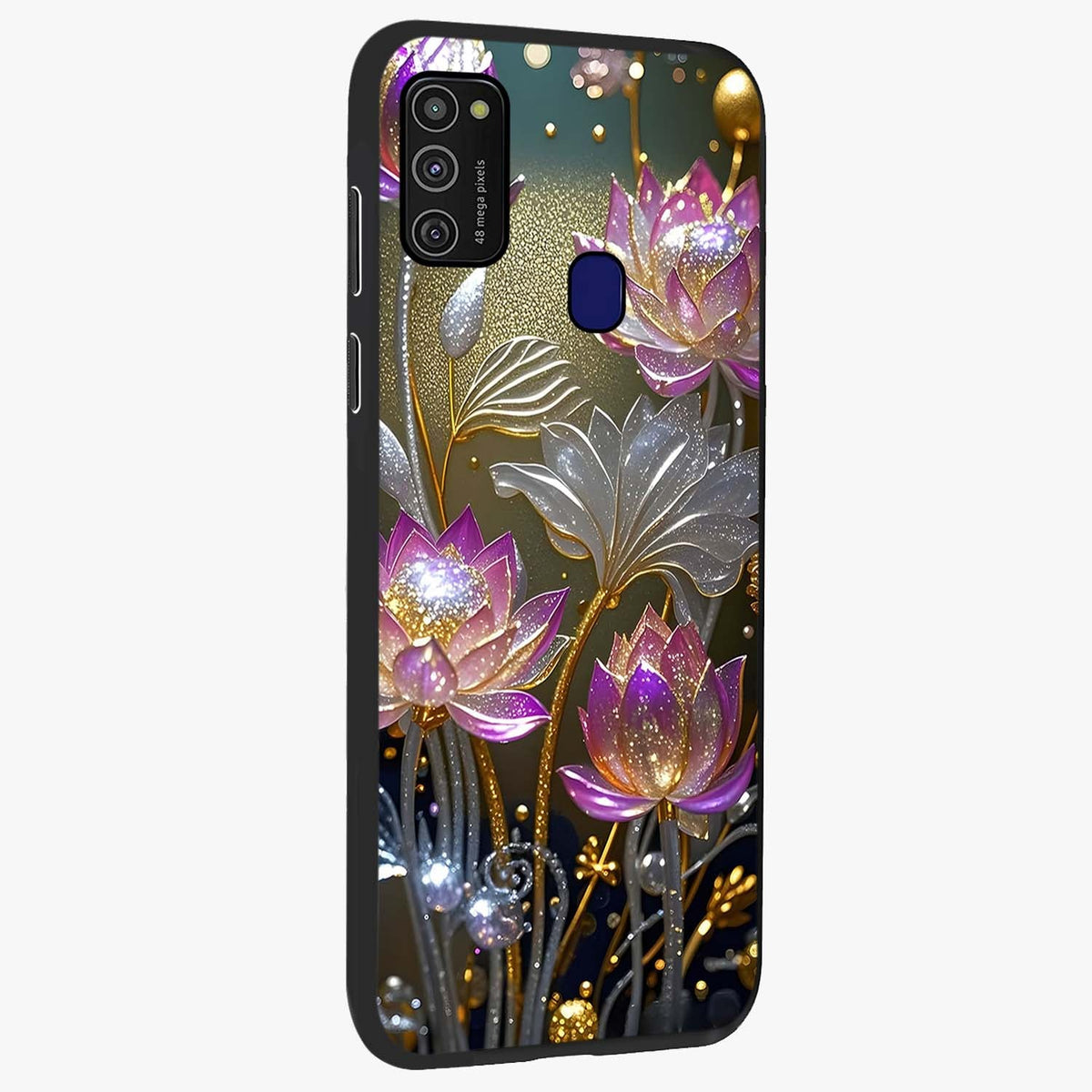 Golden Floral Majesty Glass Case upright view showcasing majestic floral artwork with rich decorative theme.