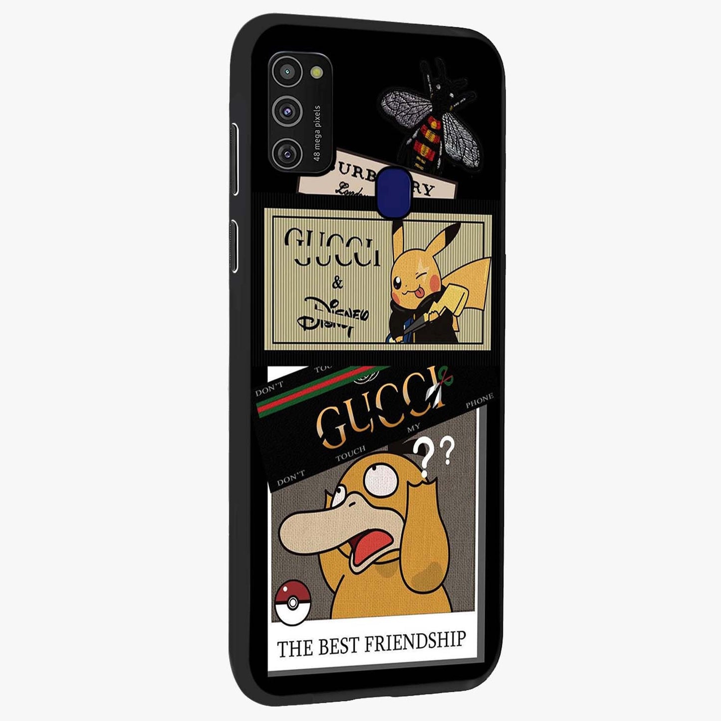 Gucci Play Mashup Glass Case upright view showcasing trendy luxury inspired artwork with modern fashion theme.