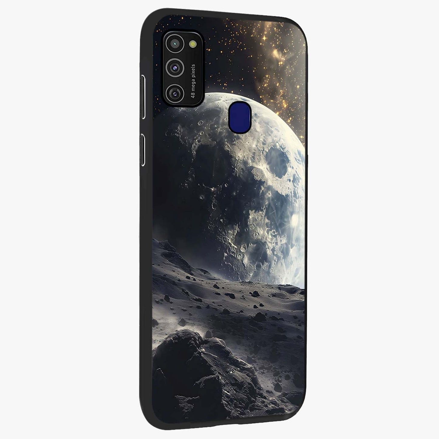 Lunar Horizon Glow Glass Case upright view showcasing radiant lunar artwork with calm cosmic theme.