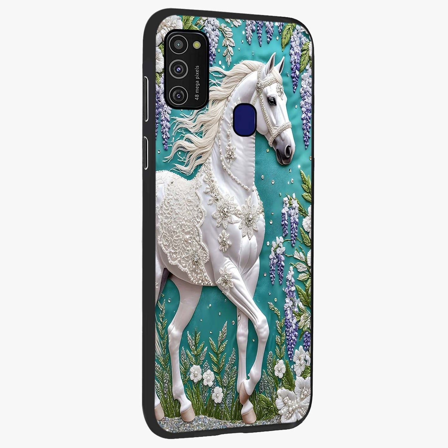 Majestic Floral Stallion Glass Case upright view showcasing dramatic horse artwork with decorative floral theme.