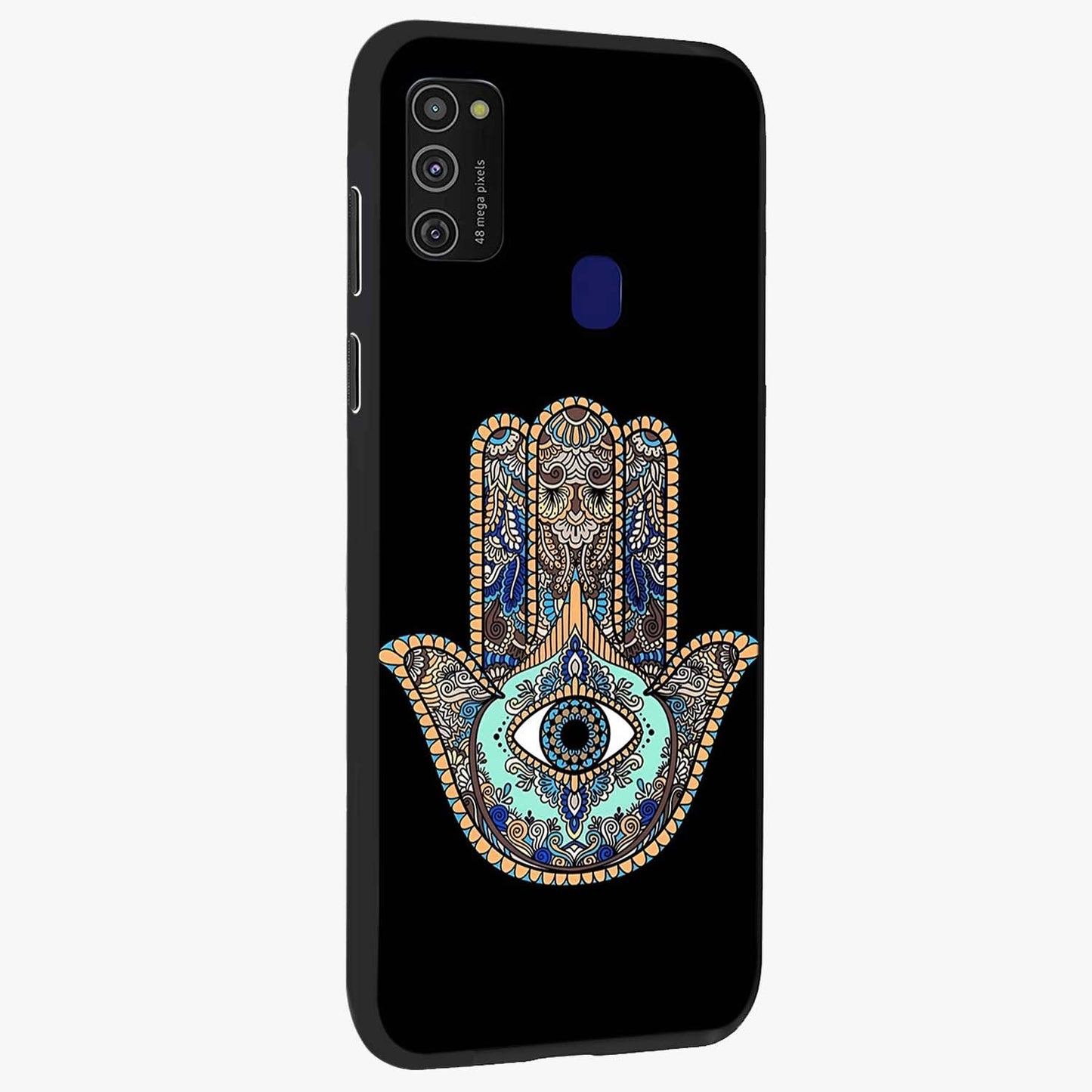 Mystic Hamsa Eye Glass Case upright view showcasing detailed hamsa eye artwork with protective spiritual theme.