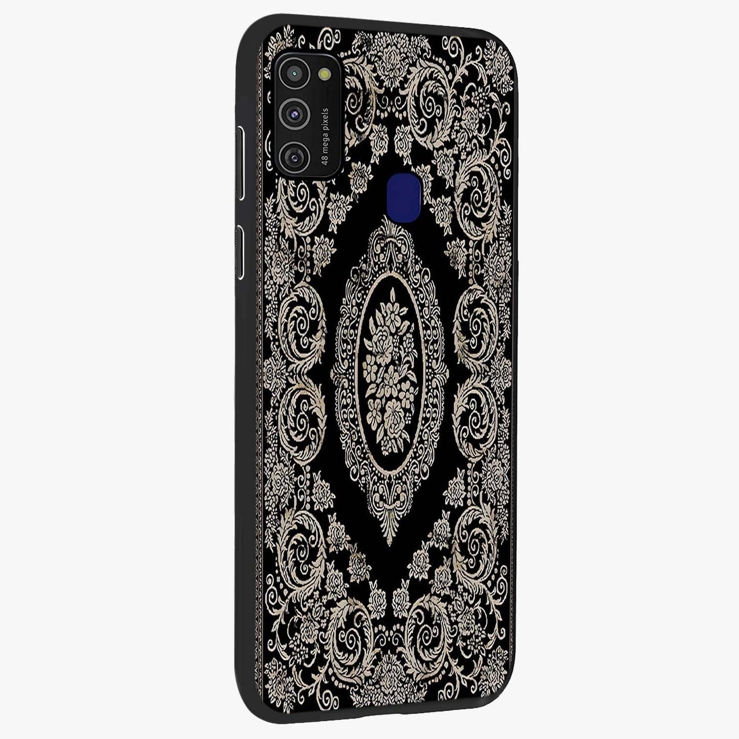 Noir Bloom Elegance Glass Case upright view showcasing graceful floral artwork with luxurious dark theme.