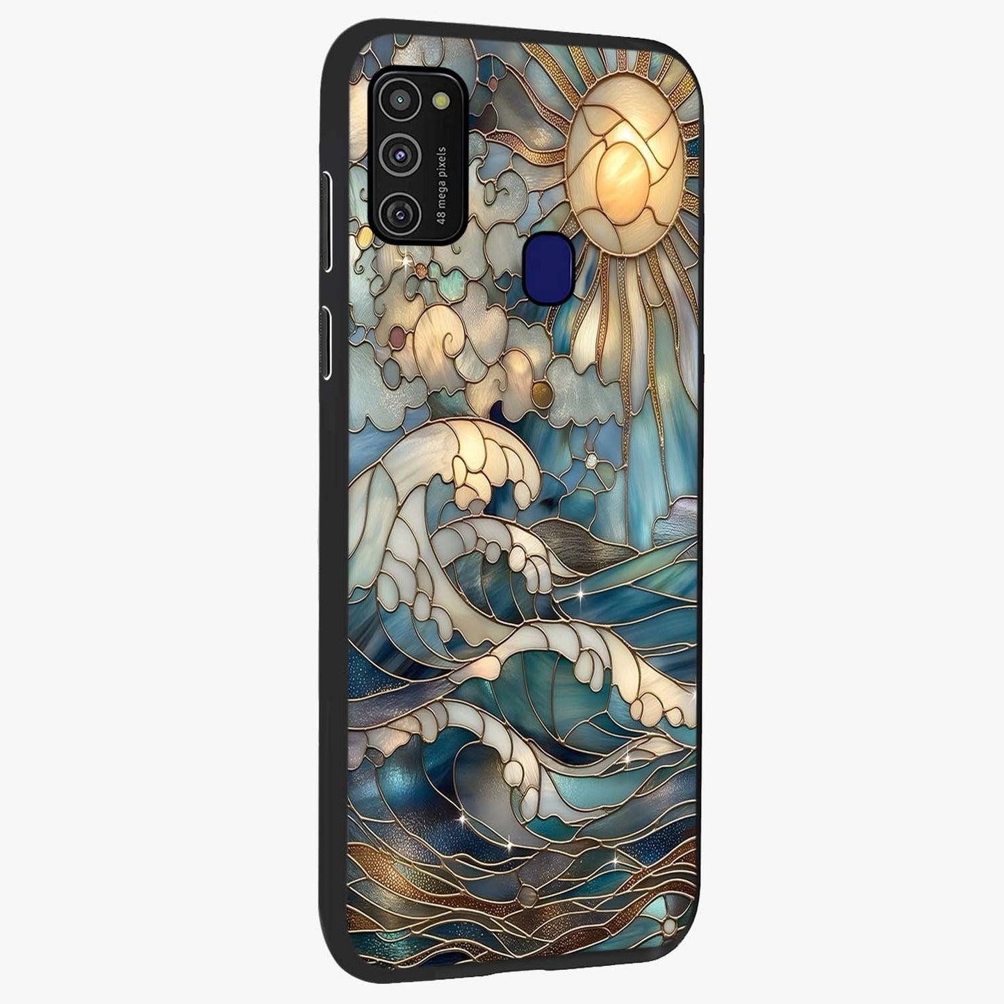 Oceanic Stained Printed Glass Case upright view showcasing decorative ocean pattern artwork with vibrant marine theme.