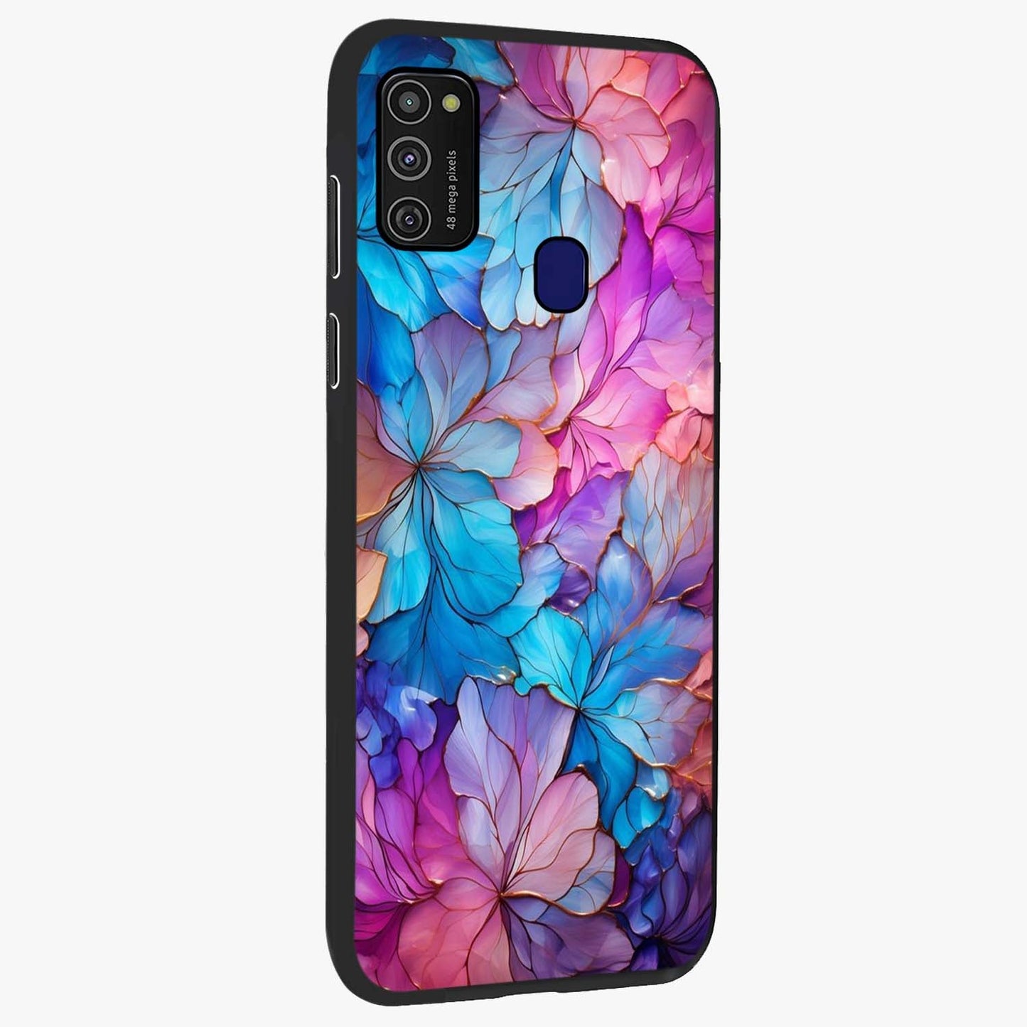 Radiant Floral Whirl Glass Case upright view showcasing lively floral artwork with decorative swirl theme.