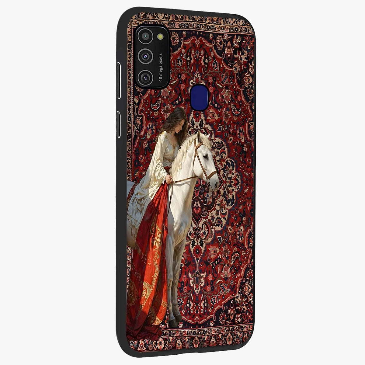 Royal Rider Tapestry Glass Case upright view showcasing detailed rider artwork with classic tapestry theme.
