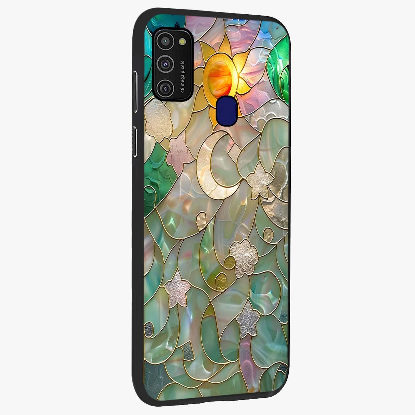 Stained Sunrise Glow Glass Case upright view showcasing colorful sunrise artwork with warm morning theme.