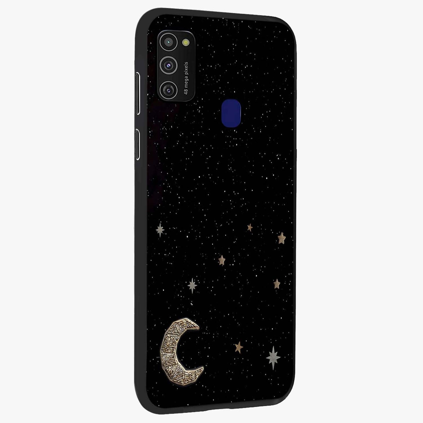 Twinkle Star With Half Moon Glass Case upright view showcasing glowing cosmic artwork with dreamy night theme.