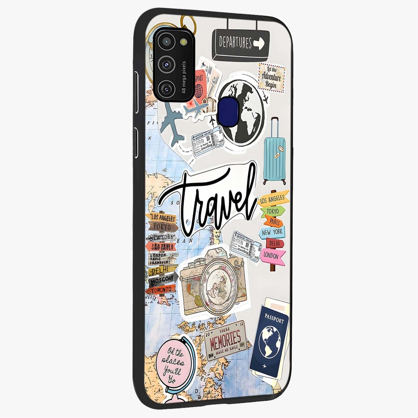 Wanderlust Journal Glass Case upright view showcasing wanderlust inspired artwork with creative exploration theme.