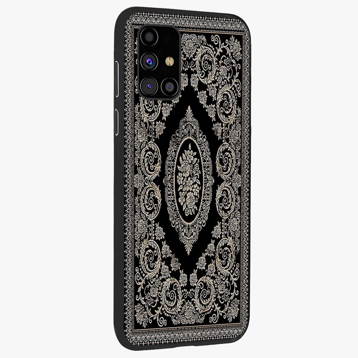 Noir Bloom Elegance Glass Case upright view showcasing graceful floral artwork with luxurious dark theme.