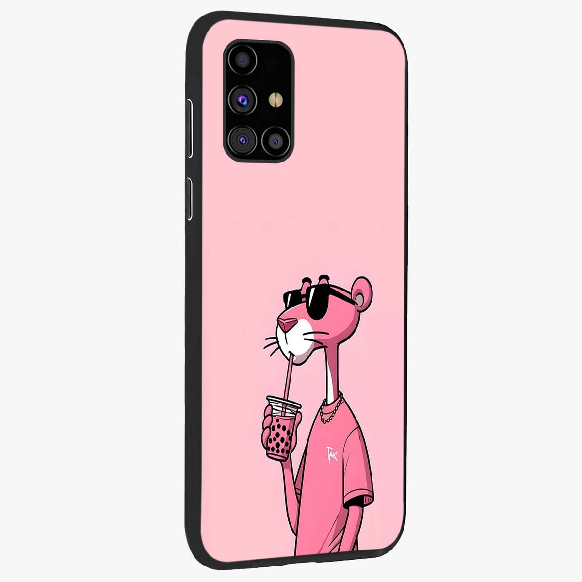 Pink Panther Glass Case upright view showcasing fun animated artwork with stylish retro cartoon theme.