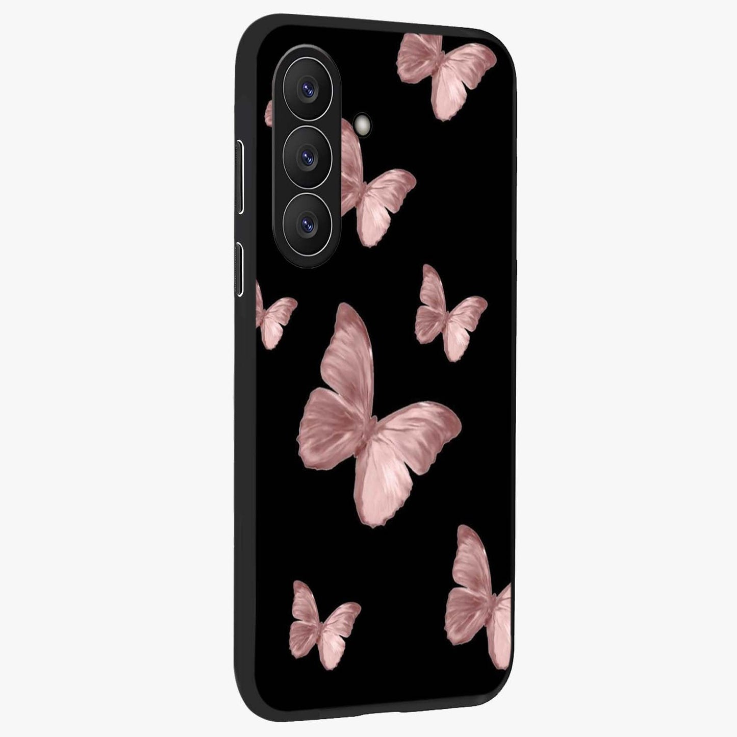 Butterfly Pattern Glass Case upright view showcasing graceful butterfly artwork with soft decorative theme.