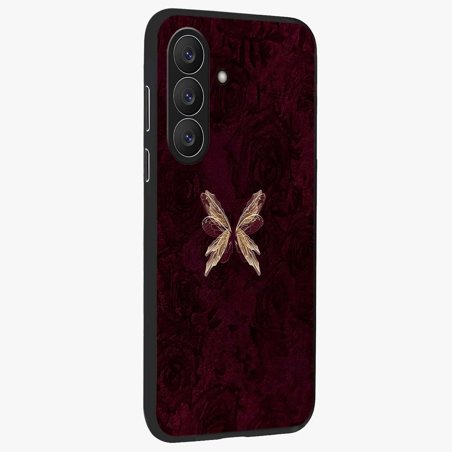 Crimson Fade Butterfly Glass Case upright view showcasing graceful butterfly artwork with soft crimson fade effect.