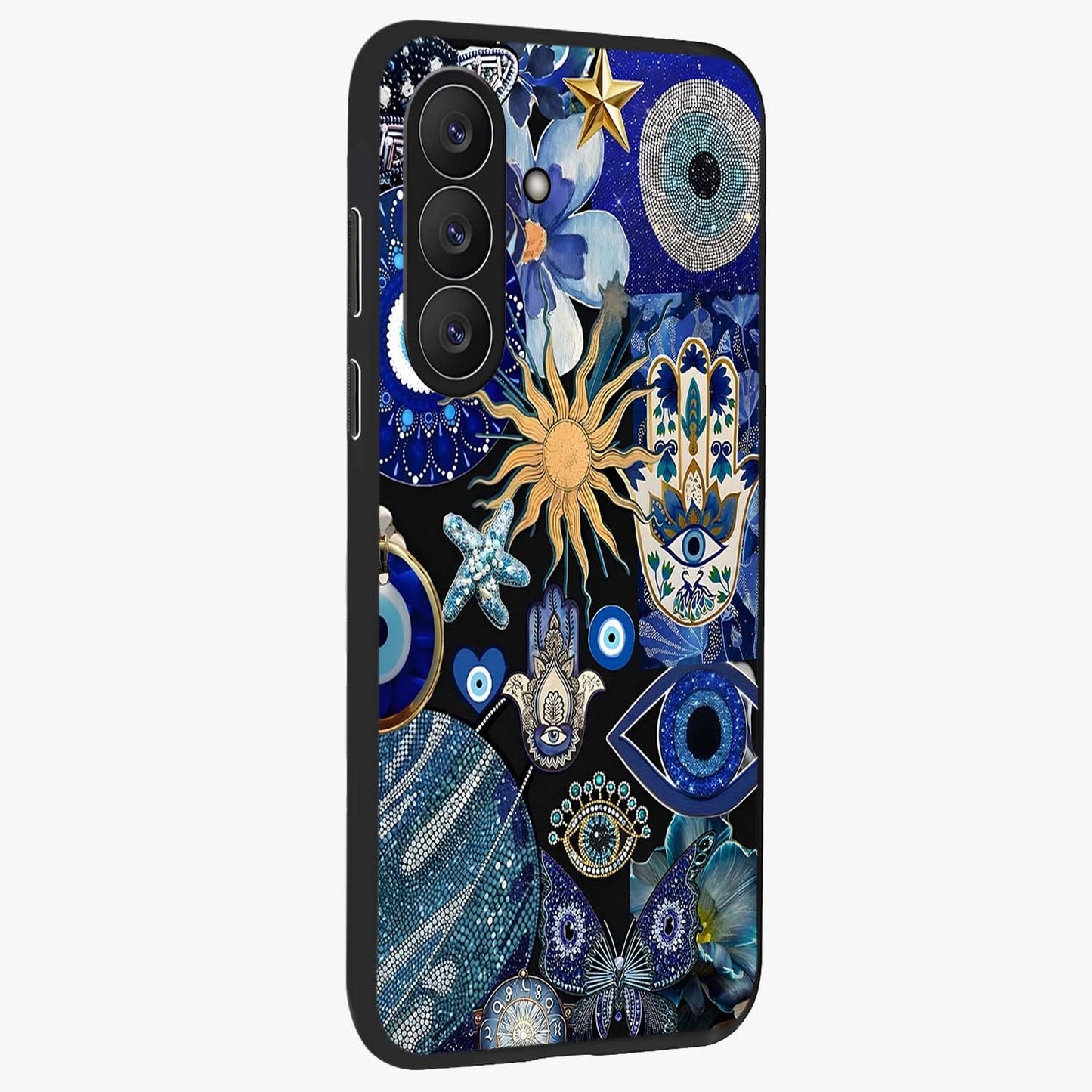Evil Eye Charm Mix Glass Case upright view showcasing mystical evil eye pattern with vibrant decorative style.