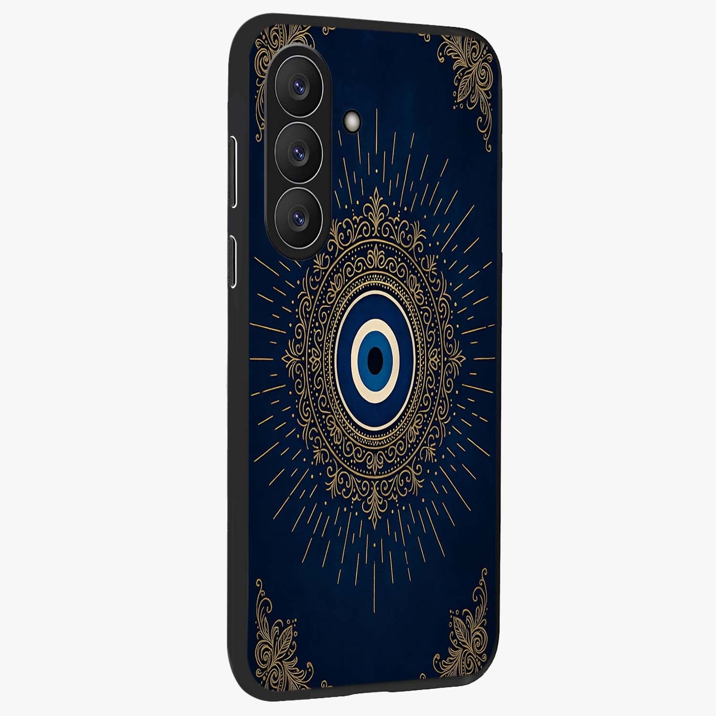 Golden Evil Eye Mandala Glass Case upright view showcasing decorative evil eye mandala artwork with spiritual aesthetic style.