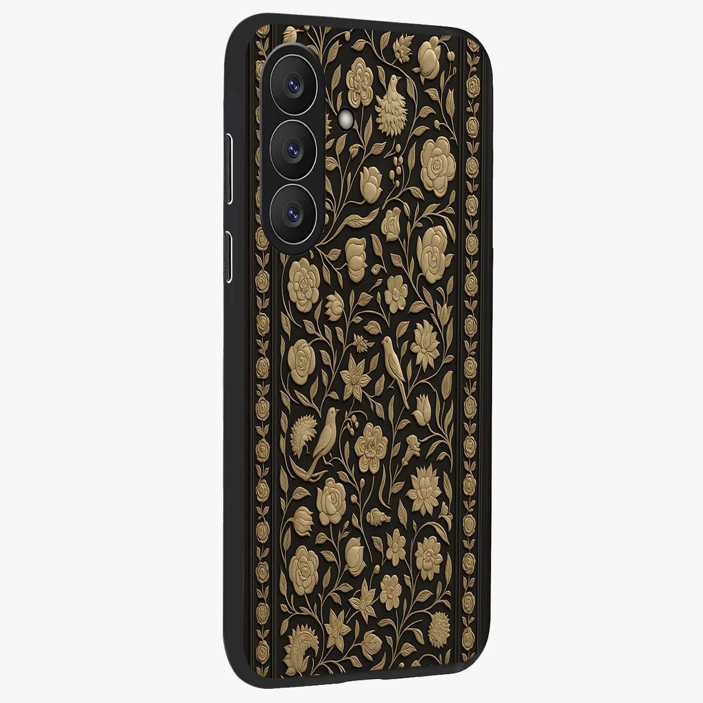 Golden Floral Majesty Glass Case upright view showcasing majestic floral artwork with rich decorative theme.
