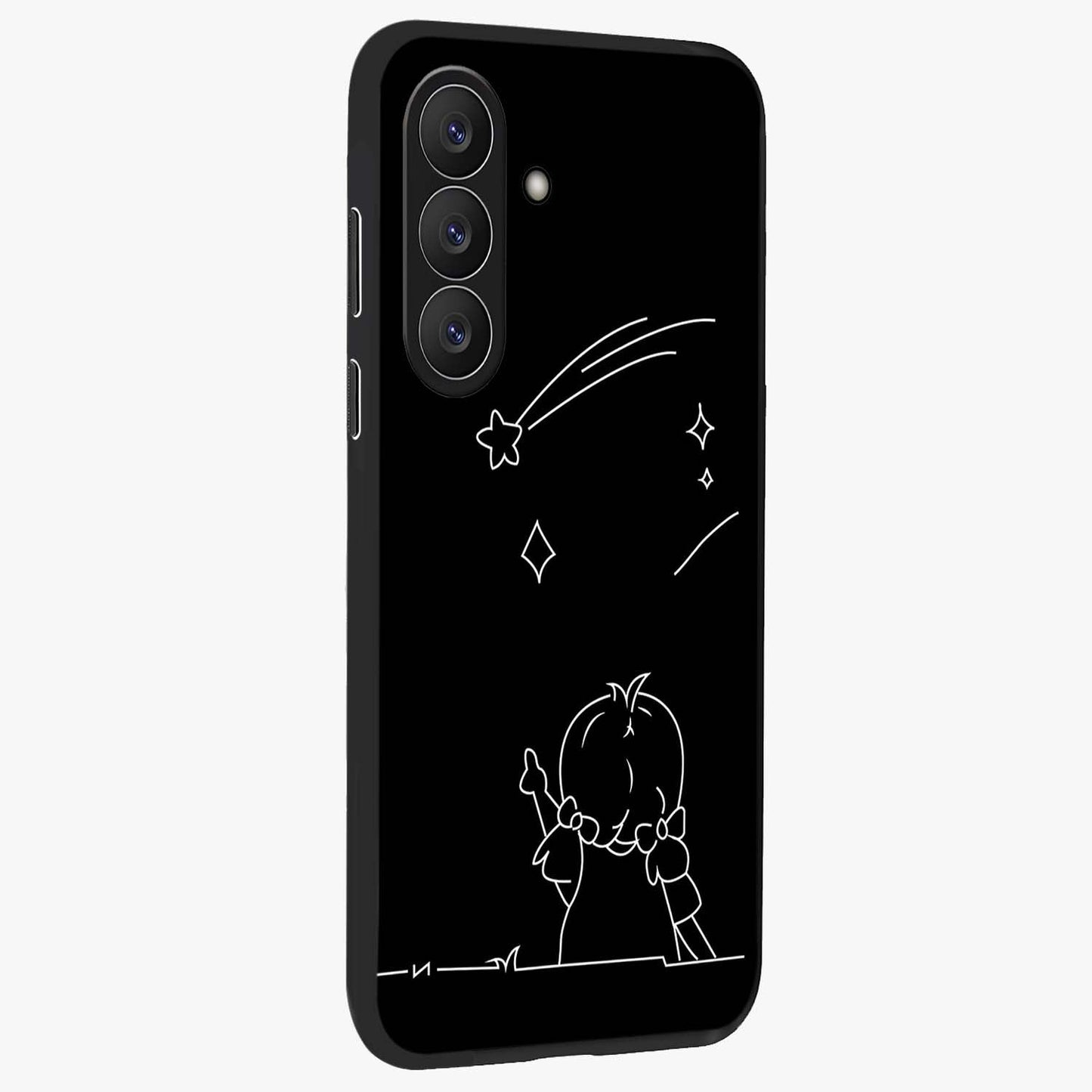 Line Art Girl With Shooting Stars Glass Case upright view showcasing delicate shooting stars artwork with minimal artistic theme.