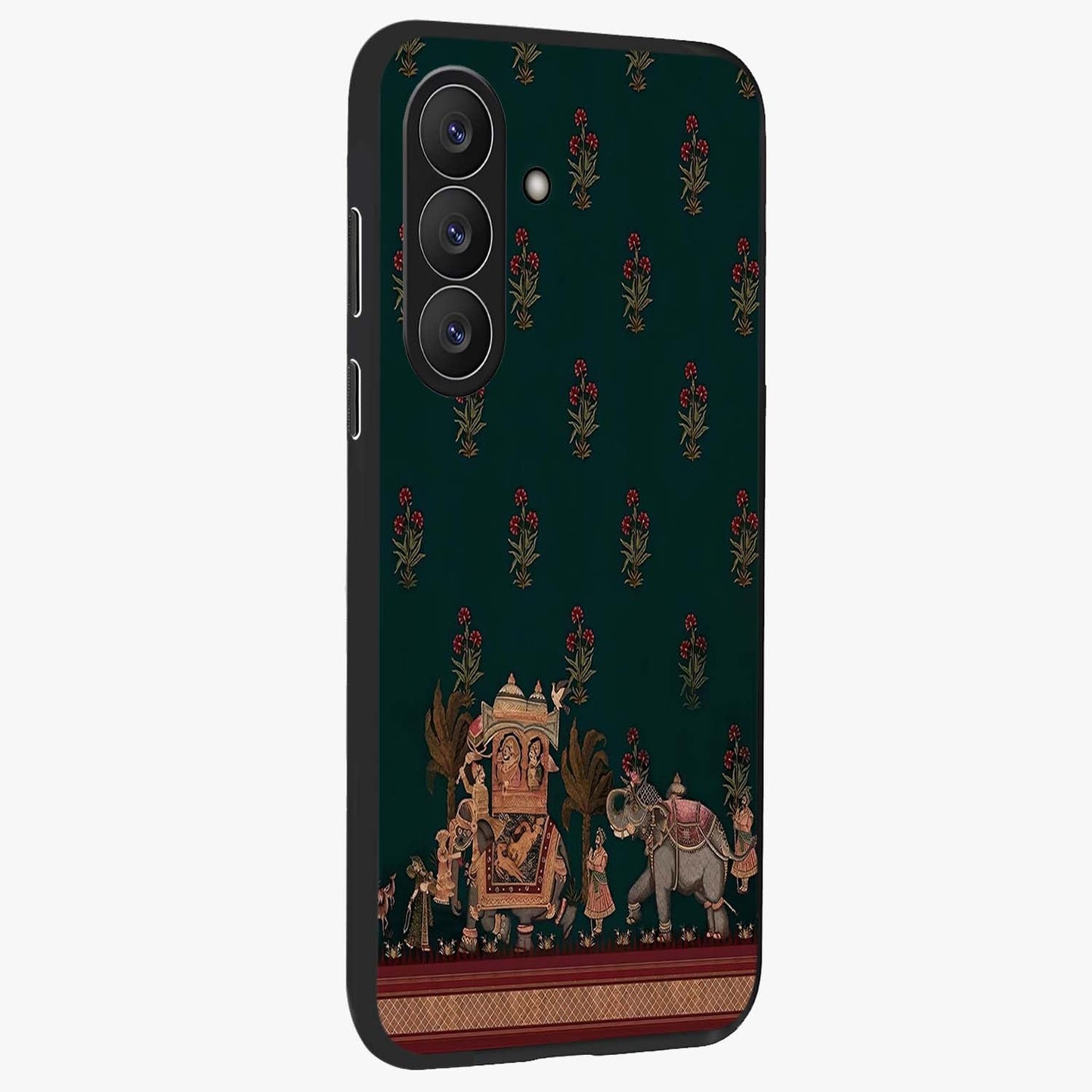 Macmerise Glass Case upright view showcasing bold artistic artwork with contemporary design theme.