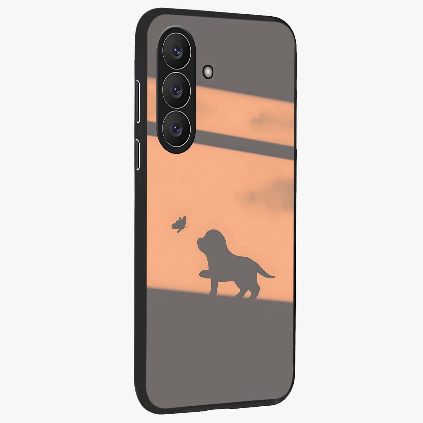 Puppy Shadow Art Glass Case upright view showcasing charming puppy artwork with creative silhouette theme.