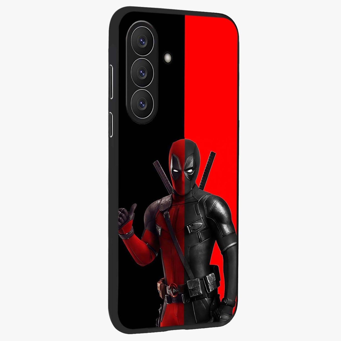 Red & Black Deadpool Theme Glass Case upright view showcasing energetic comic themed artwork with striking red and black design.