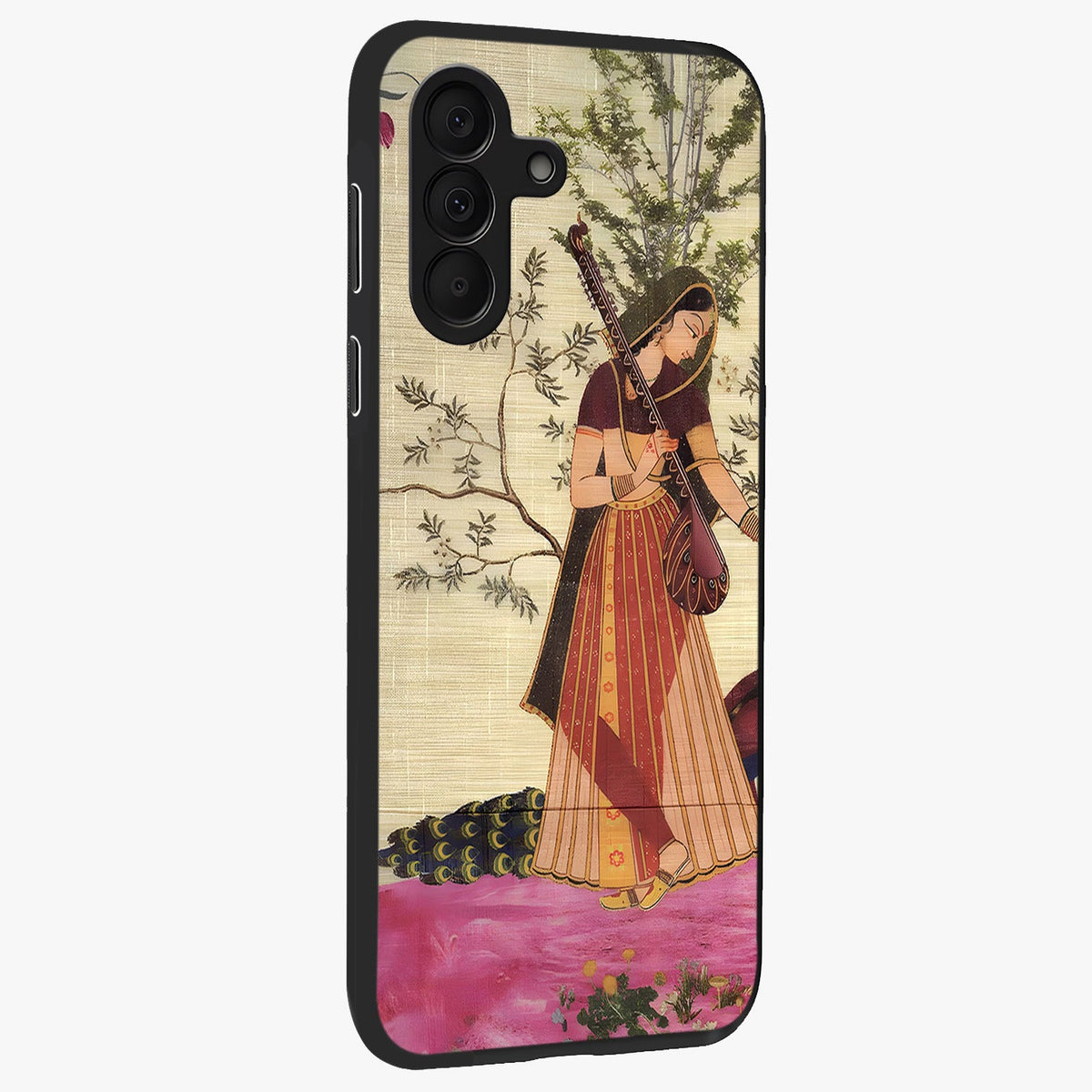 Lady With Veena Art Glass Case upright view showcasing classical veena artwork with traditional artistic theme.