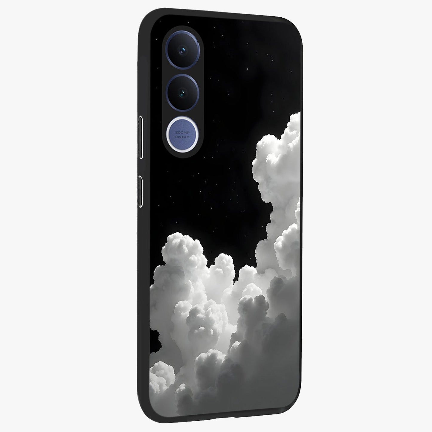 Black Background With White Cloud Glass Case upright view showcasing calm cloud aesthetic with modern minimal style.