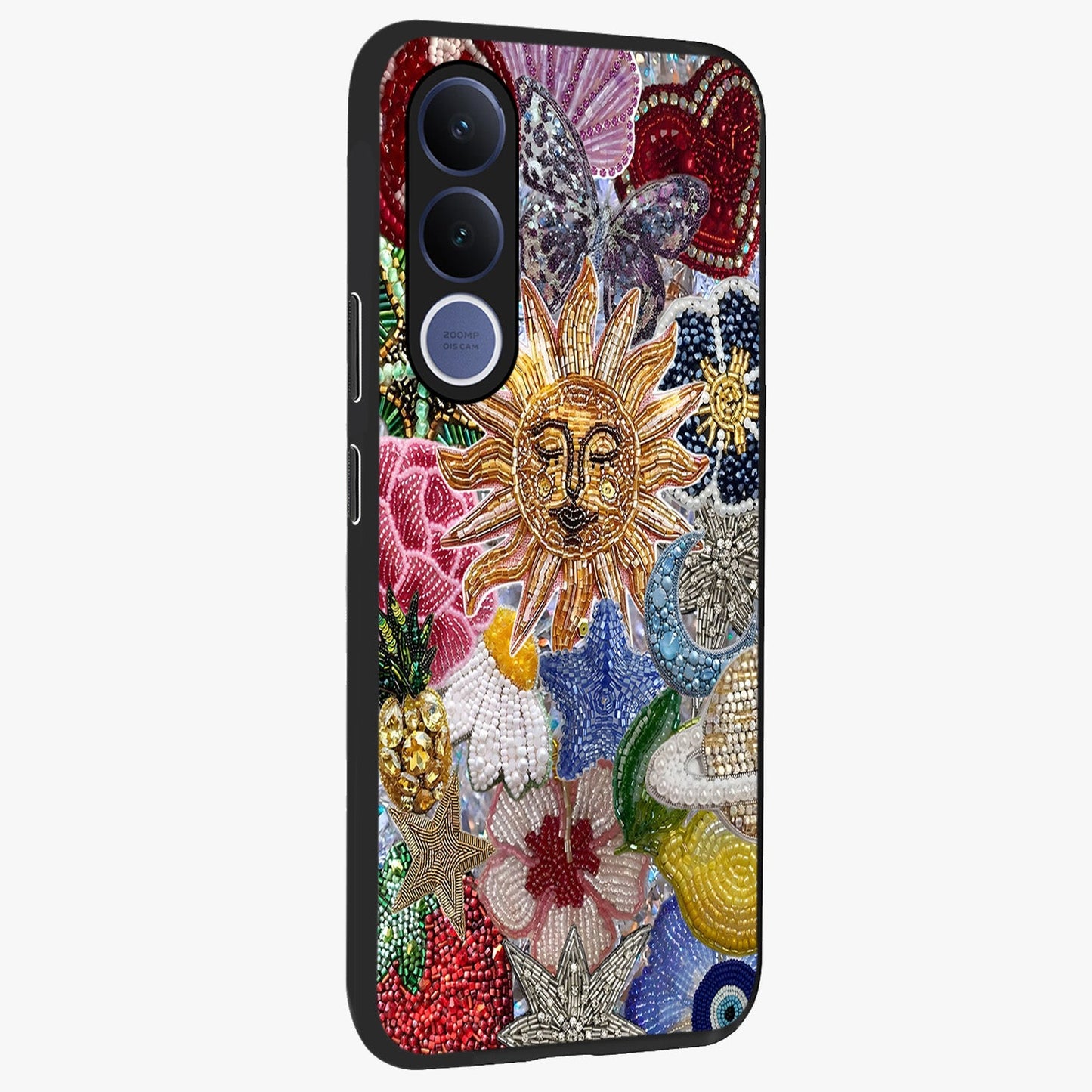 Celestial Floral and Playful Glass Case upright view showcasing whimsical floral artwork with cosmic aesthetic theme.