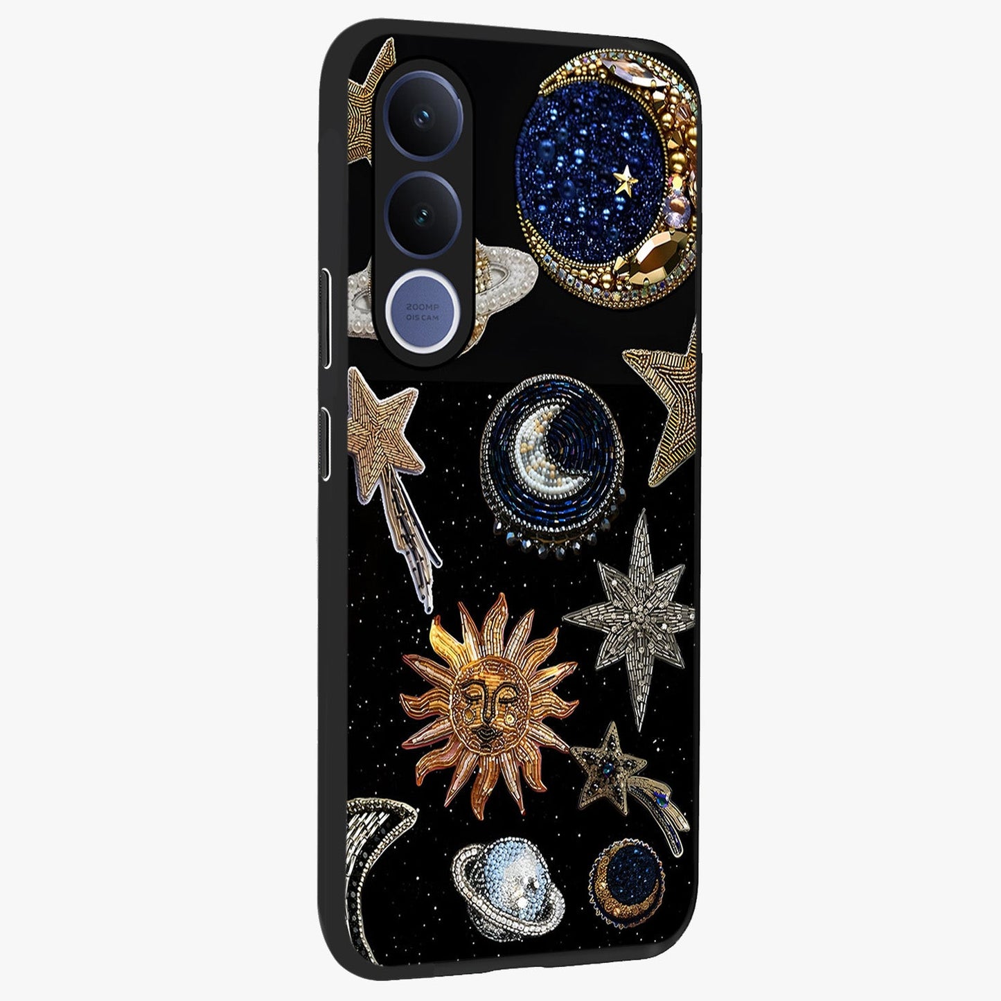 Celestial Gem Constellations Glass Case upright view showcasing cosmic constellation artwork with celestial aesthetic style.