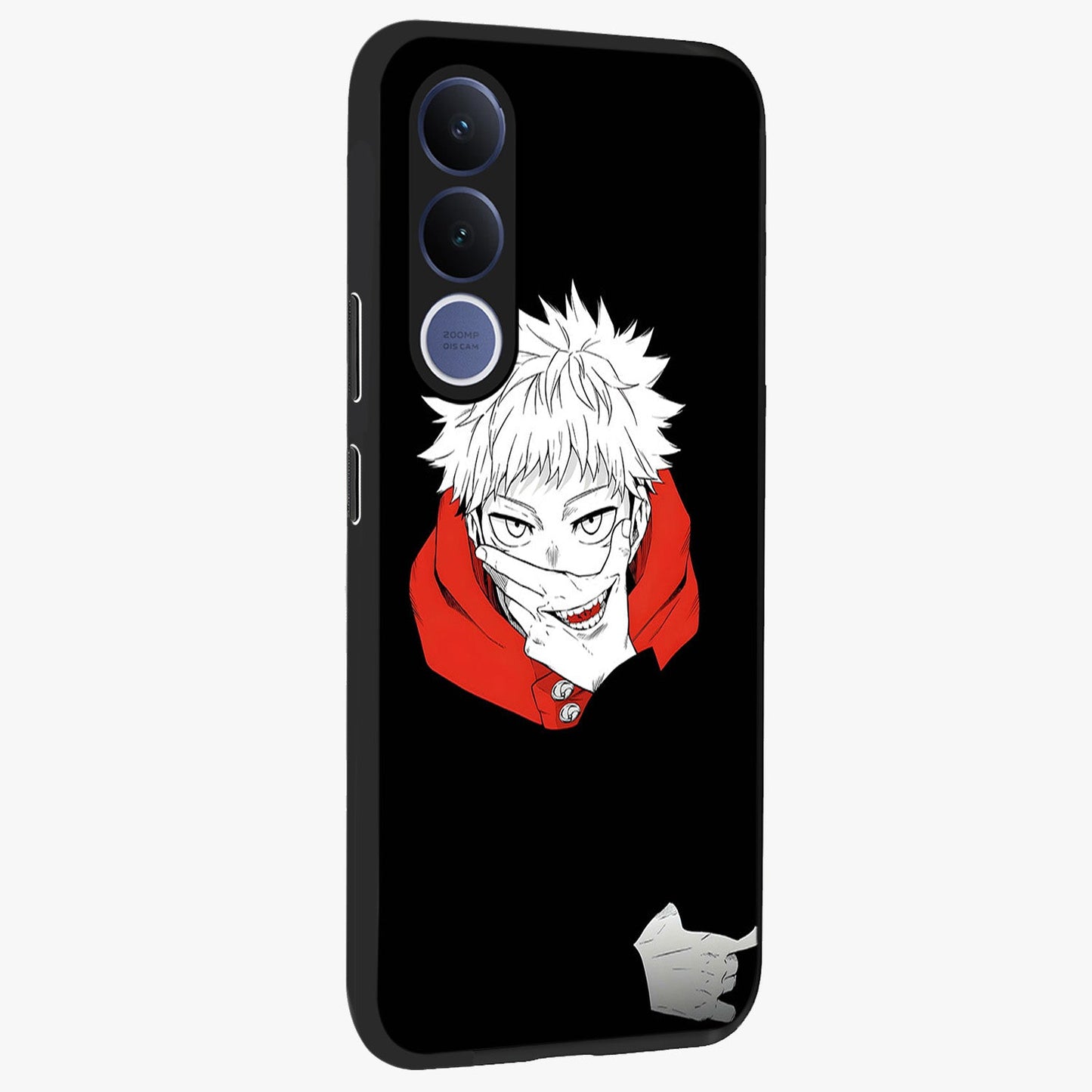 Crimson Chaos Smile Glass Case upright view showcasing expressive chaotic artwork with striking visual theme.