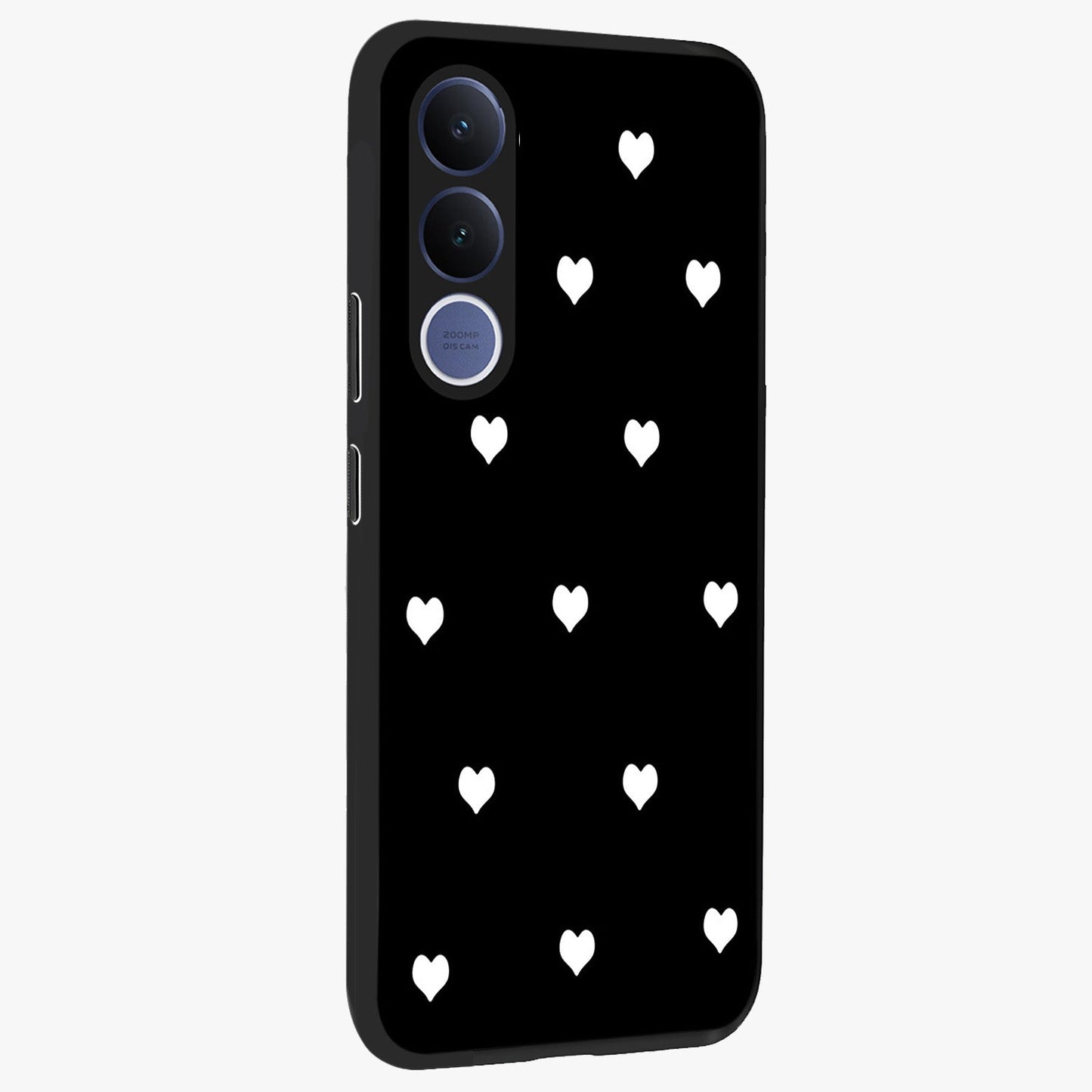 Cute And Simple White Hearts Glass Case upright view showcasing simple white hearts artwork with soft minimal theme.