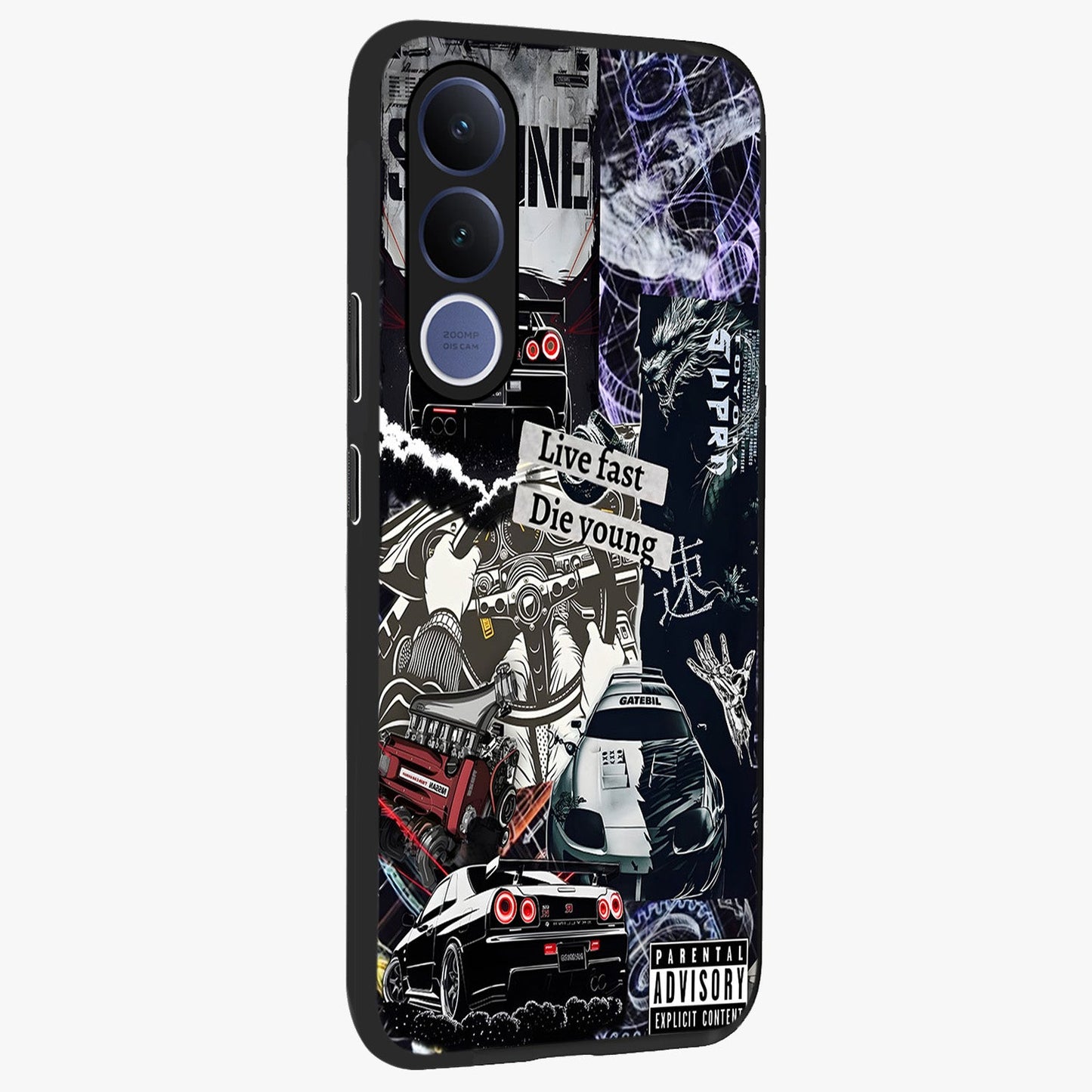 Die Young Glass Case upright view showcasing striking typography artwork with modern statement theme.