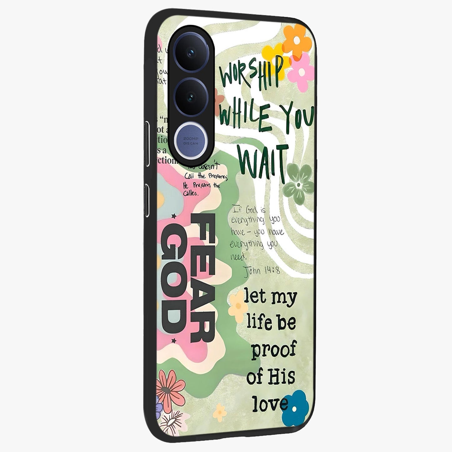 Faith Over Fear Glass Case upright view showcasing bold typography artwork with uplifting motivational theme.