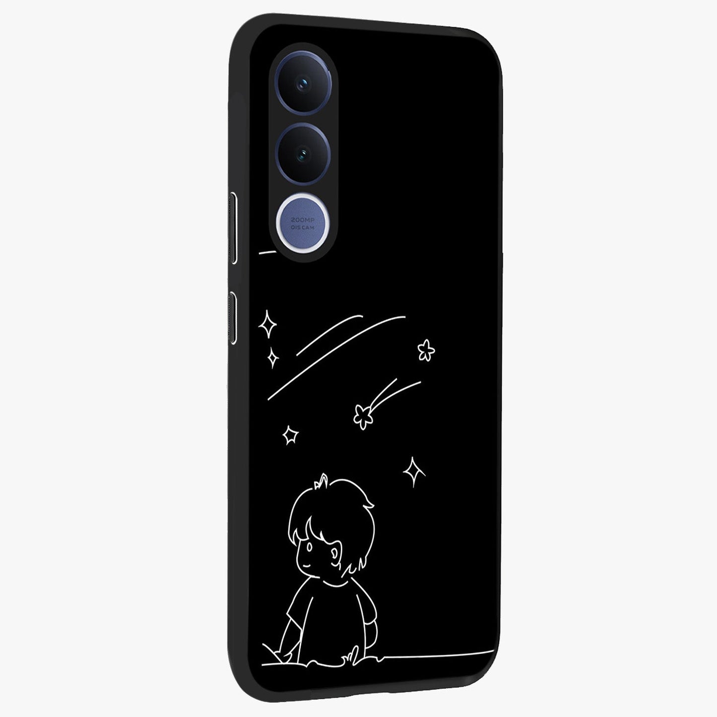 Line Art Boy With Shooting Stars Glass Case upright view showcasing artistic shooting star illustration with minimal style.