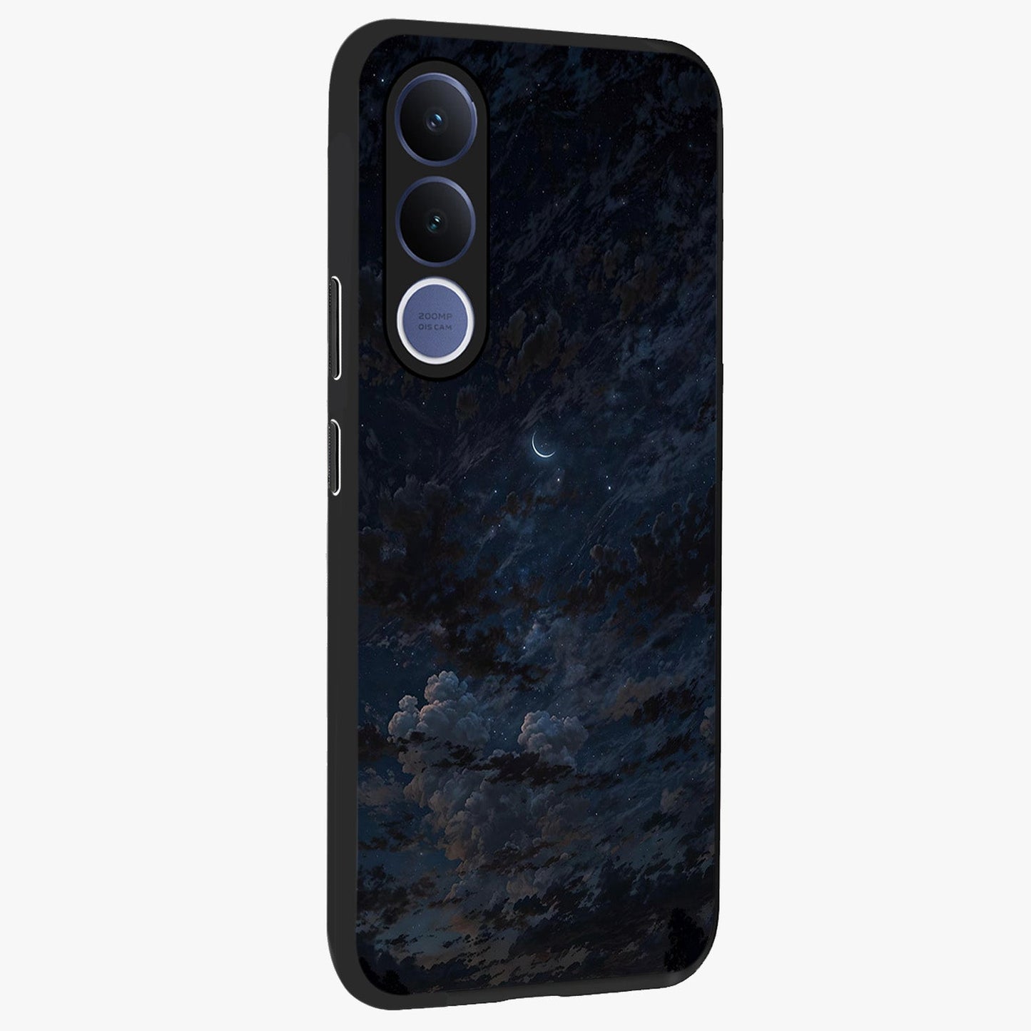 Lunar Veil Silence Glass Case upright view showcasing calm moon themed artwork with serene night atmosphere.