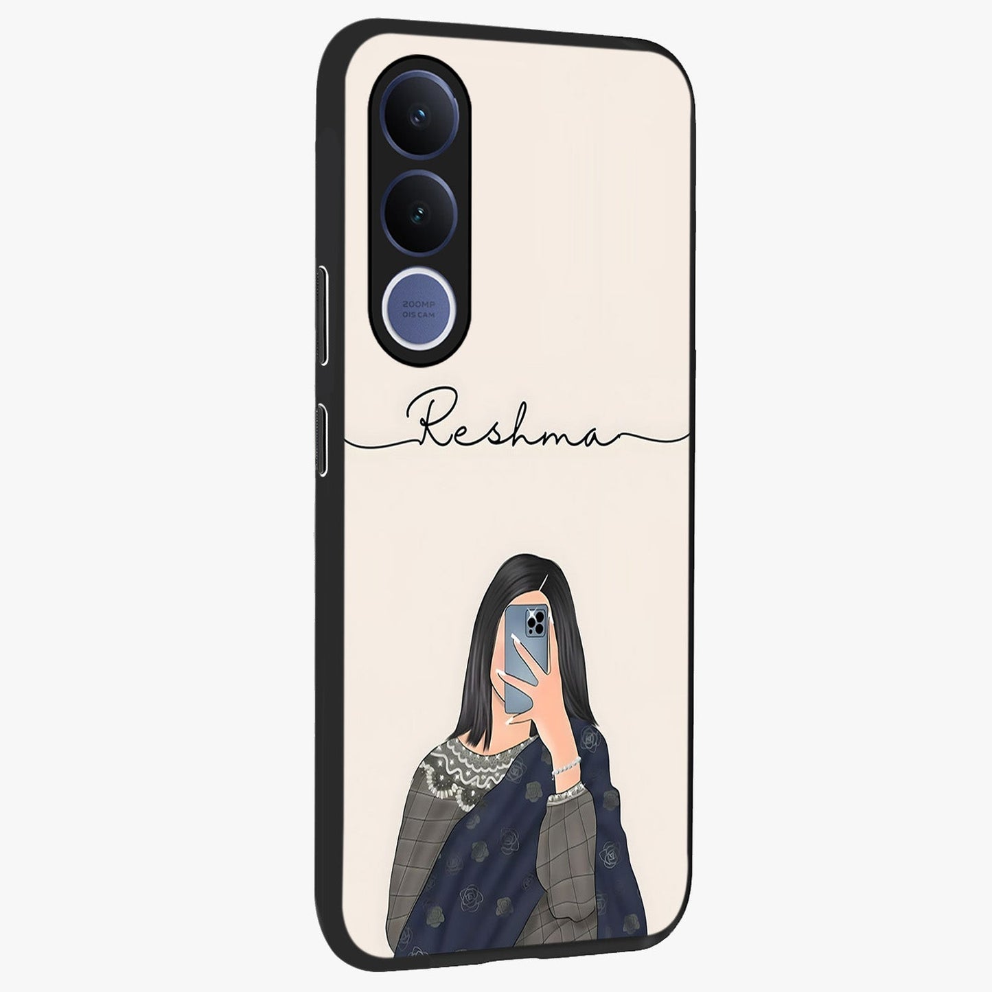 Mirror Mood Muse With Custom Name Glass Case upright view showcasing artistic mirror themed artwork with personalized aesthetic.