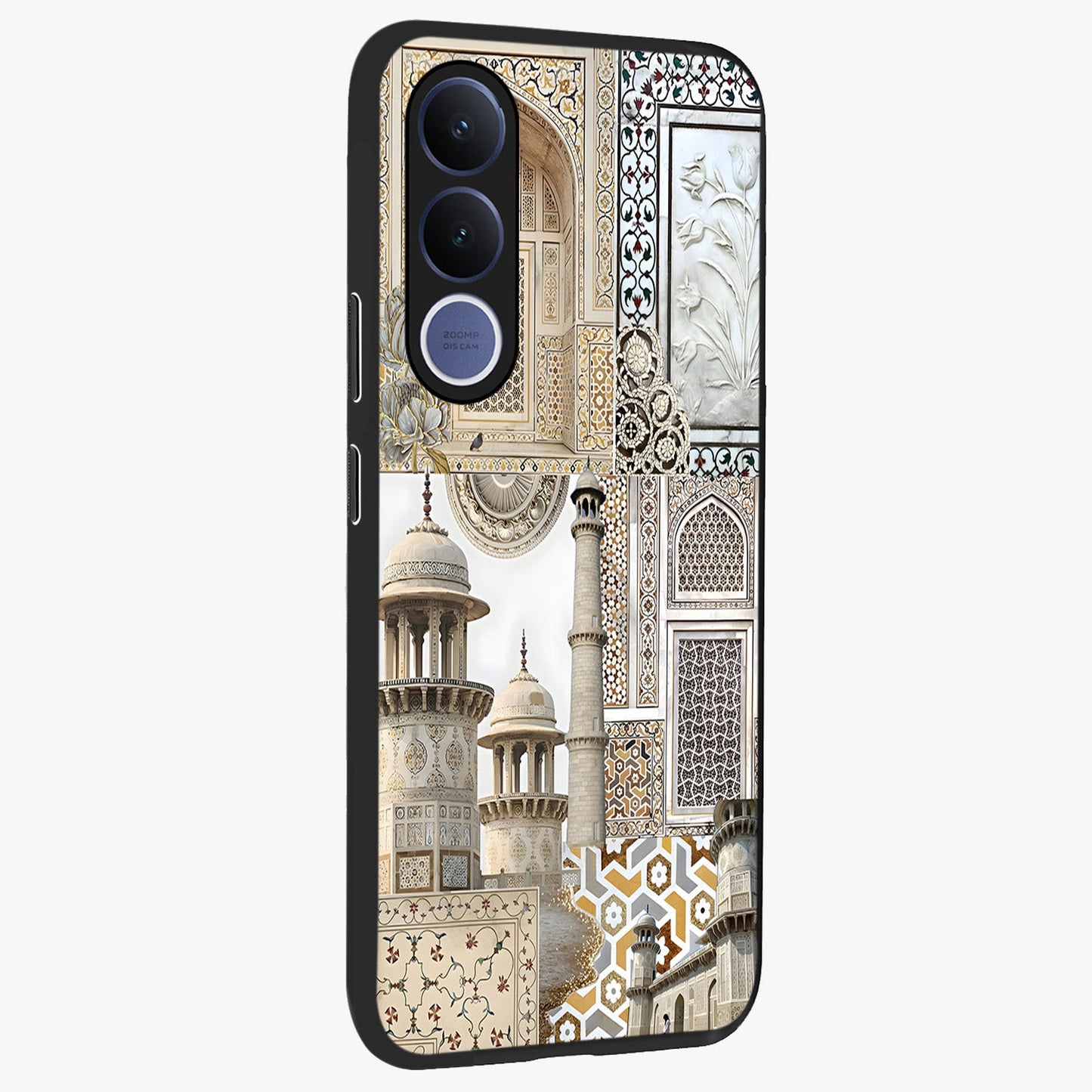 Mughal Marble Legacy Glass Case upright view showcasing ornate Mughal design with luxurious traditional theme.