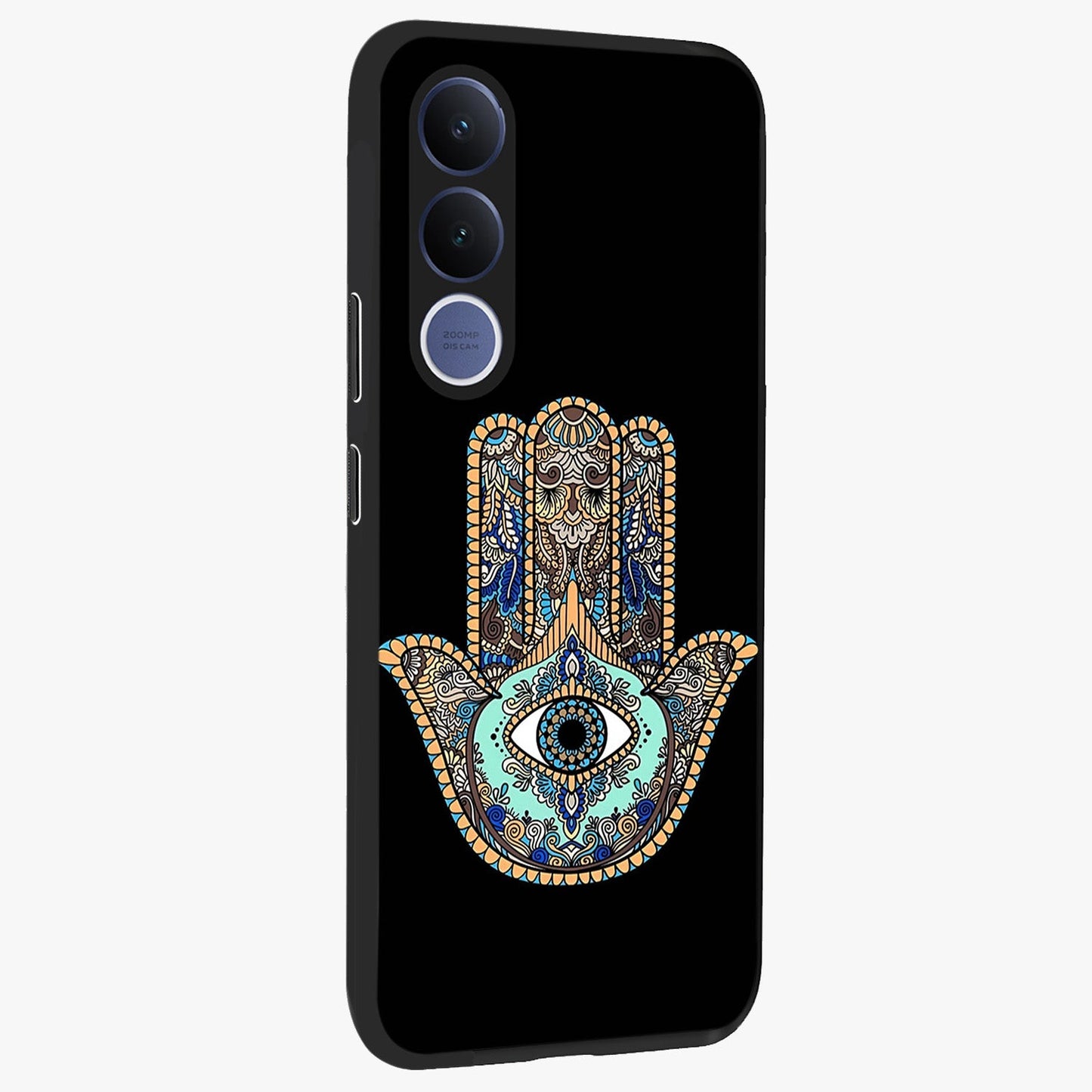 Mystic Hamsa Eye Glass Case upright view showcasing detailed hamsa eye artwork with protective spiritual theme.