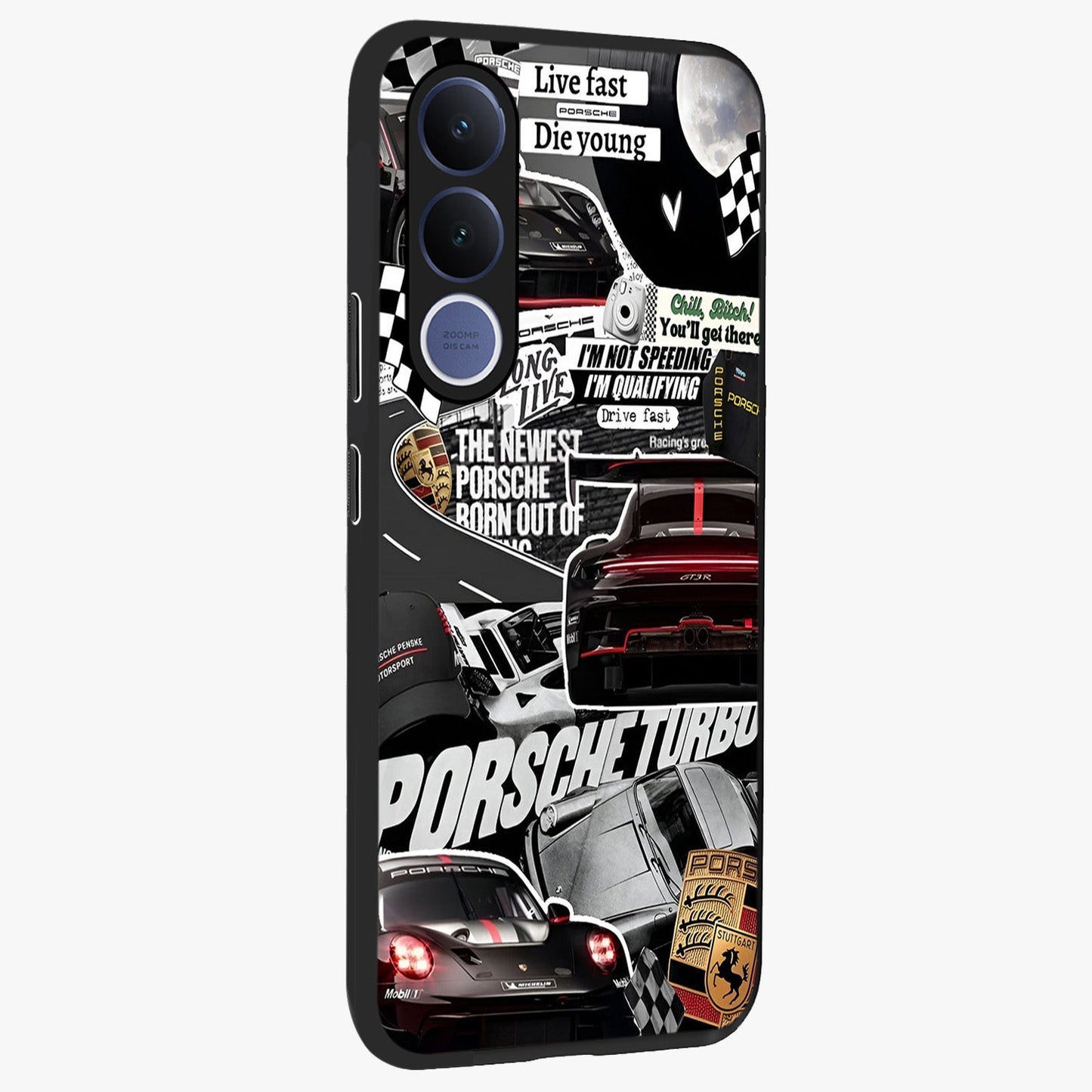 Porsche Racing Collage Glass Case upright view showcasing energetic car collage artwork with high speed racing theme.