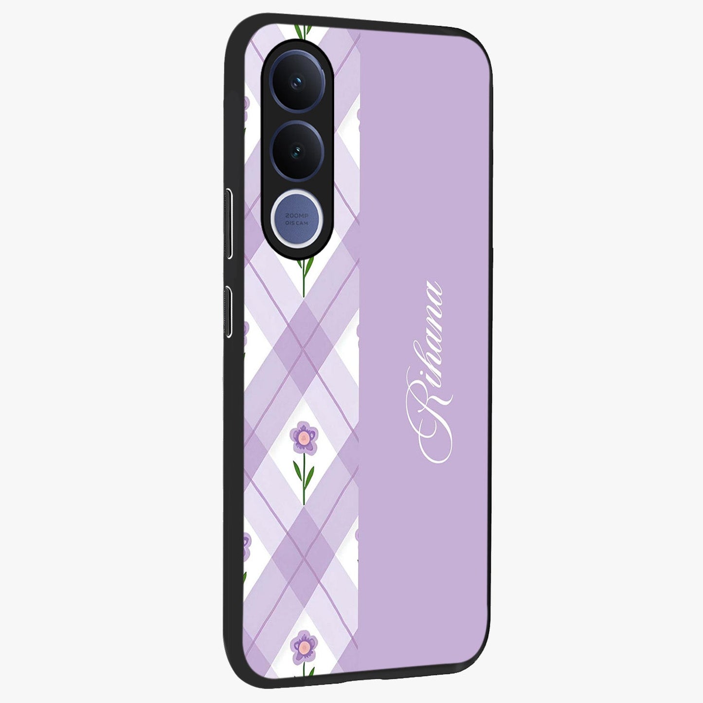 Purple Diamond Floral Glass Case upright view showcasing vibrant floral artwork with stylish geometric theme.