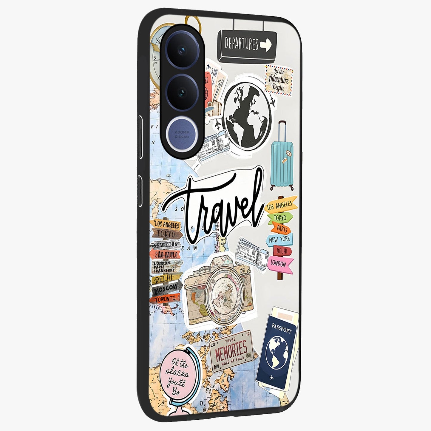 Wanderlust Journal Glass Case upright view showcasing wanderlust inspired artwork with creative exploration theme.