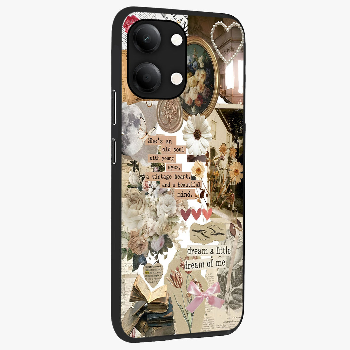 Aesthetic Brown Vintage Collage Glass Case upright view showcasing nostalgic retro artwork with stylish vintage theme.