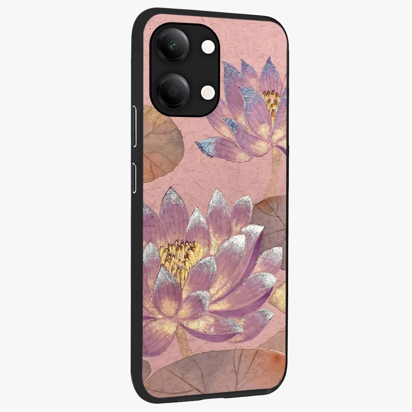 Blossom Mist Lotus Glass Case upright view showcasing graceful lotus flower design with peaceful botanical style.