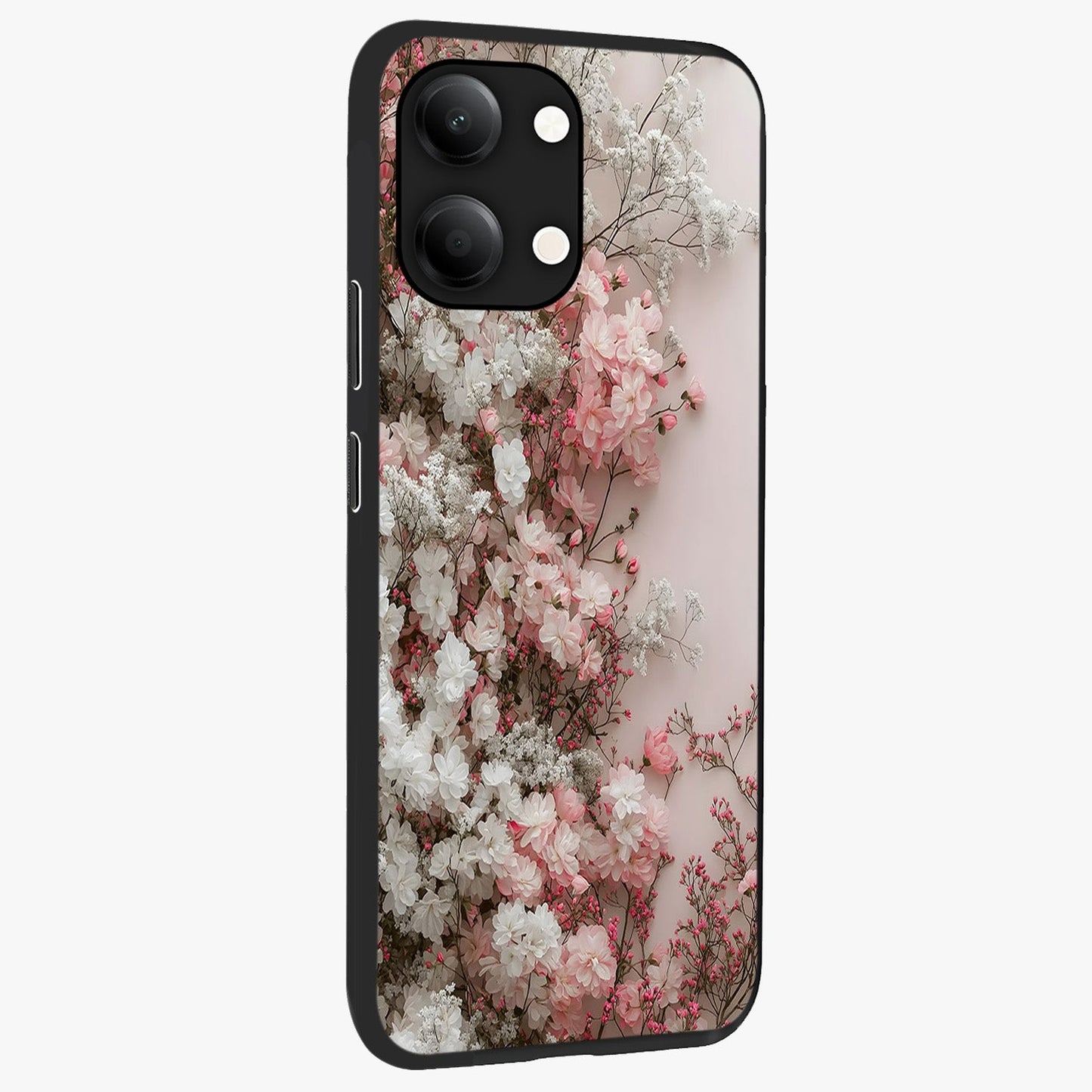 Blush Blossom Cloud Glass Case upright view showcasing calm floral cloud artwork with gentle dreamy theme.