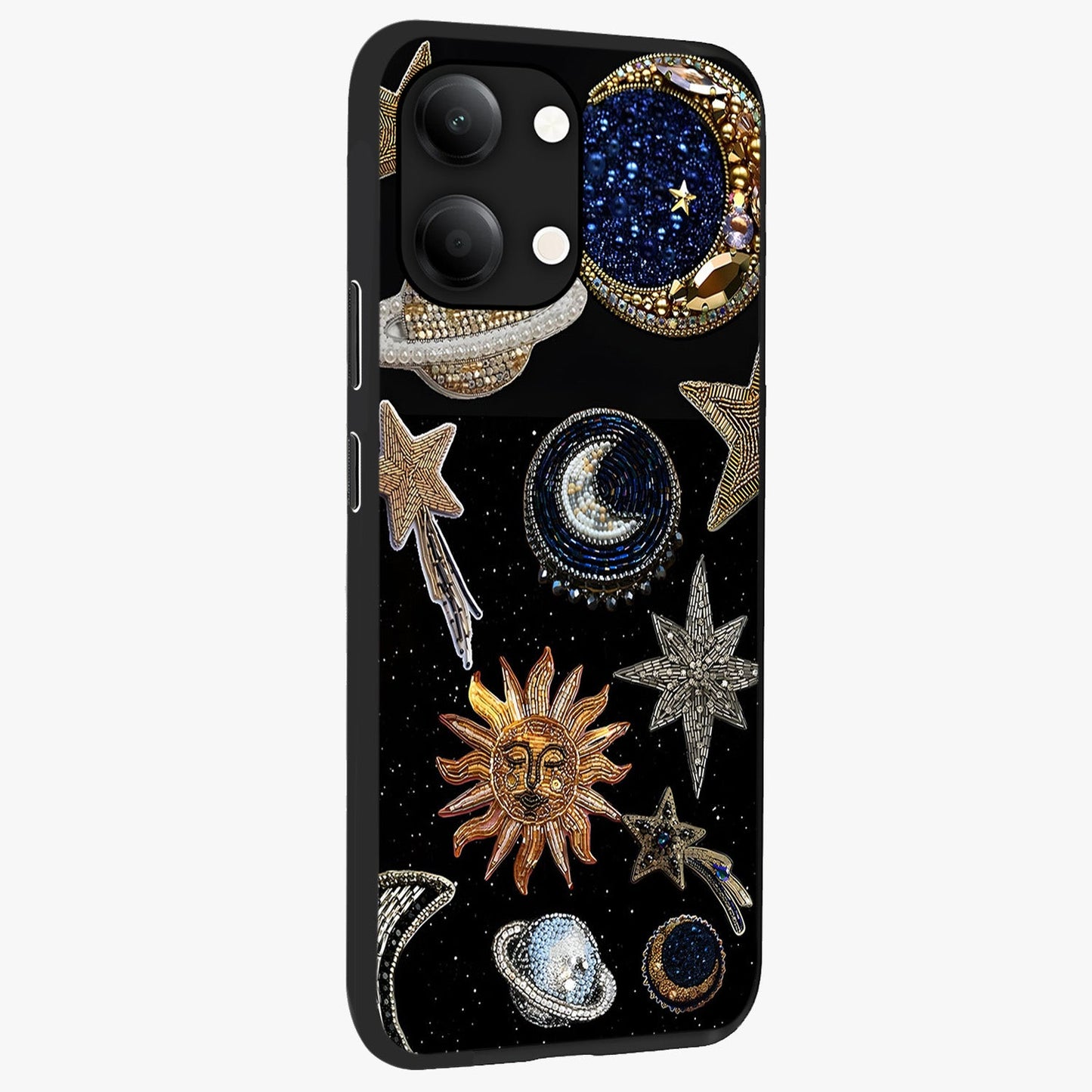 Celestial Gem Constellations Glass Case upright view showcasing cosmic constellation artwork with celestial aesthetic style.
