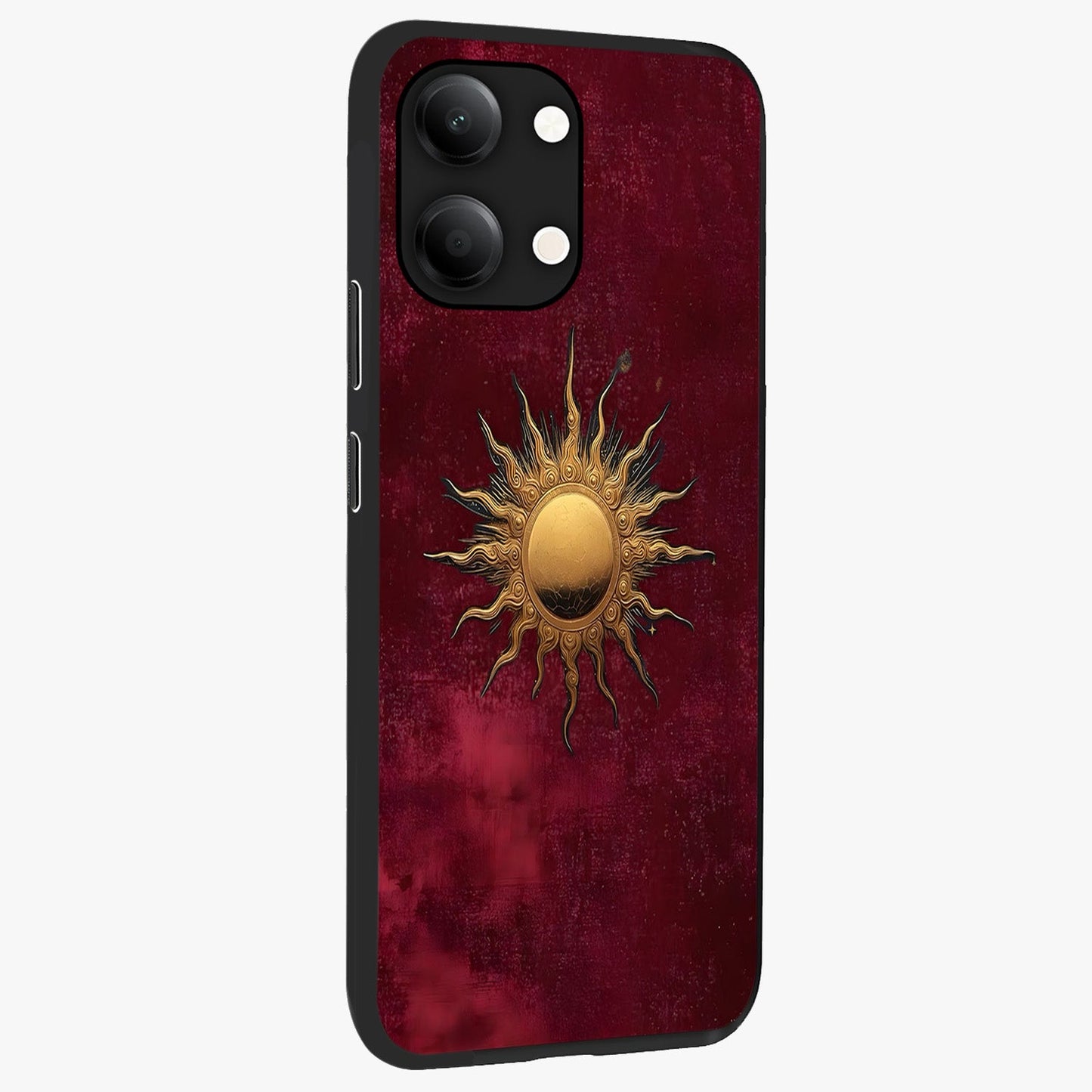 Golden Sun Minimalism Glass Case upright view showcasing simple golden sun artwork with elegant minimalist style.
