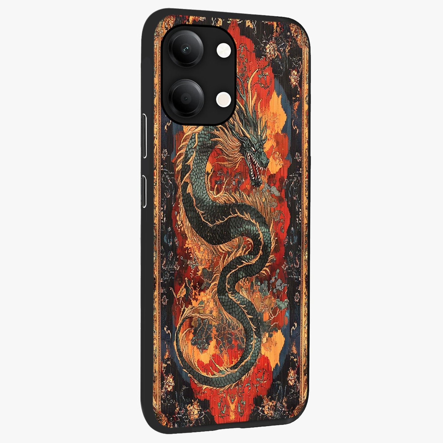 Inferno Dragon Soul Glass Case upright view showcasing intense dragon artwork with fantasy fire theme.