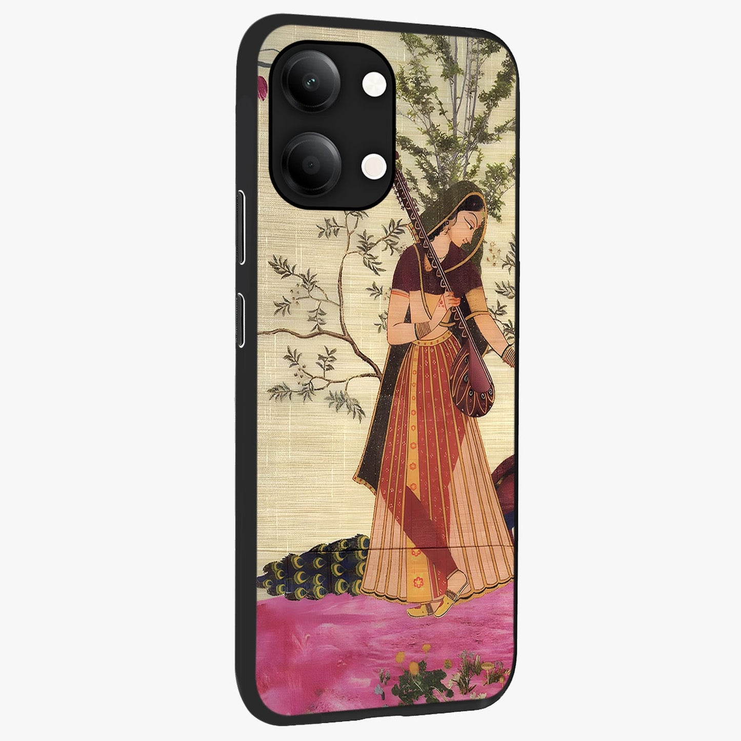 Lady With Veena Art Glass Case upright view showcasing classical veena artwork with traditional artistic theme.