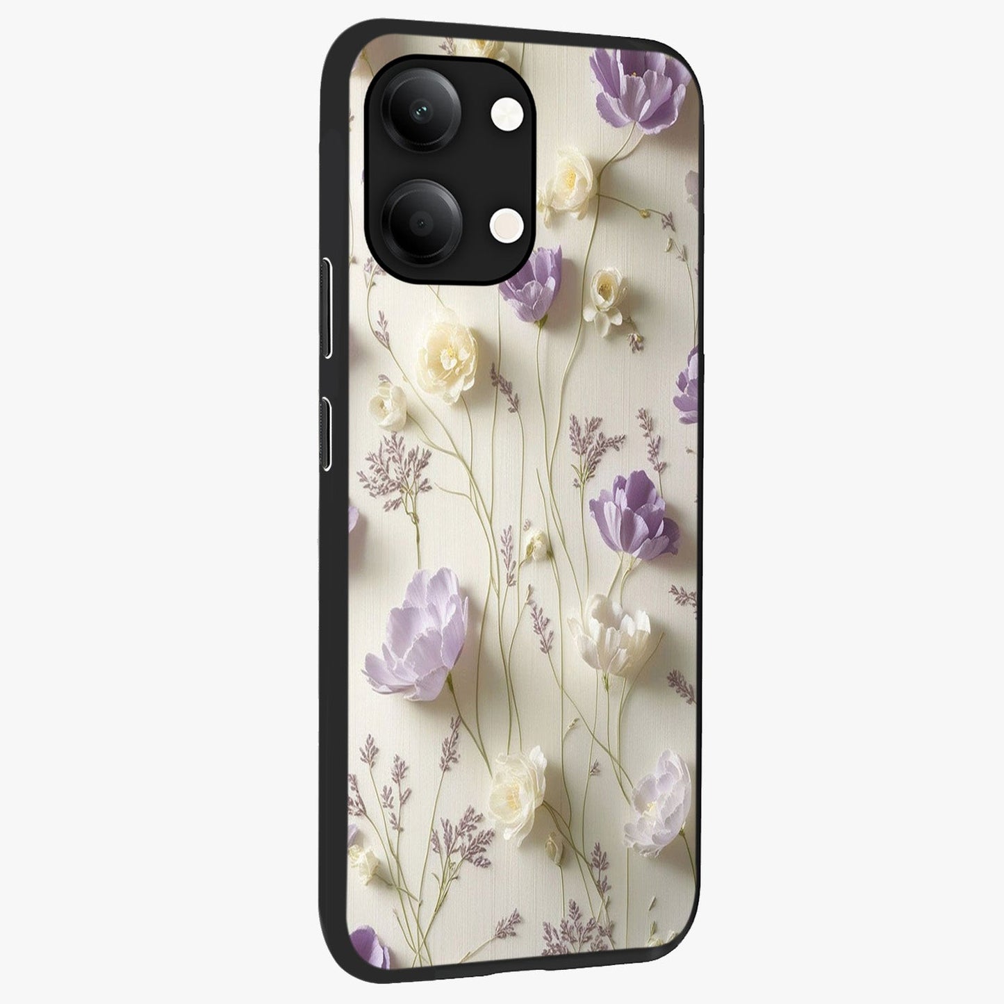 Lilac Breeze Harmony Glass Case upright view showcasing delicate lilac artwork with peaceful floral theme.