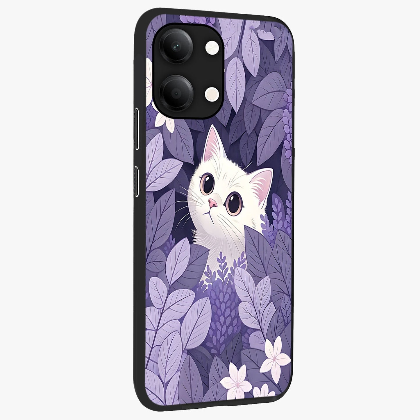 Lilac Hide Peek Cat Glass Case upright view showcasing charming cat artwork with adorable peek theme.