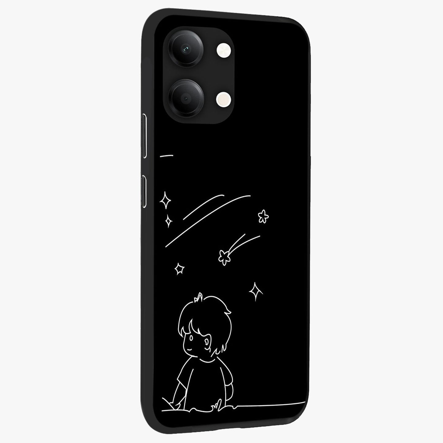 Line Art Boy With Shooting Stars Glass Case upright view showcasing artistic shooting star illustration with minimal style.