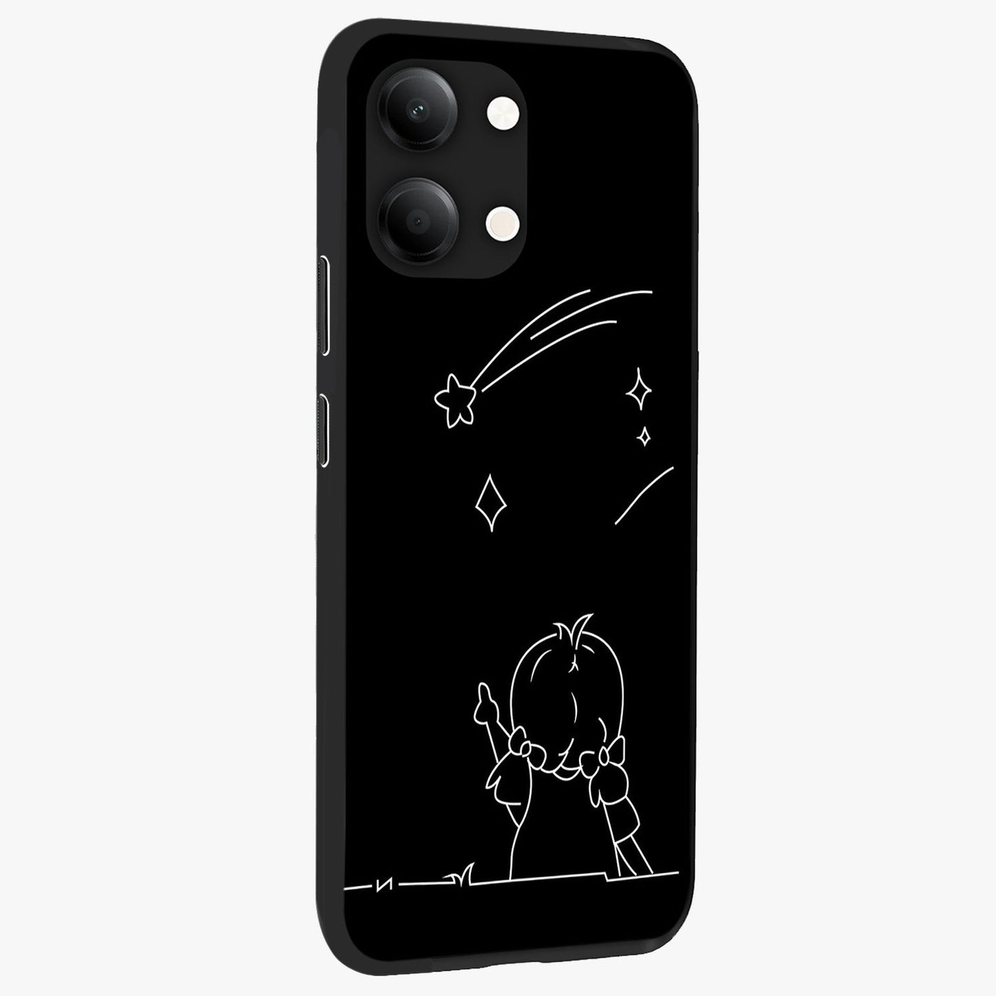 Line Art Girl With Shooting Stars Glass Case upright view showcasing delicate shooting stars artwork with minimal artistic theme.